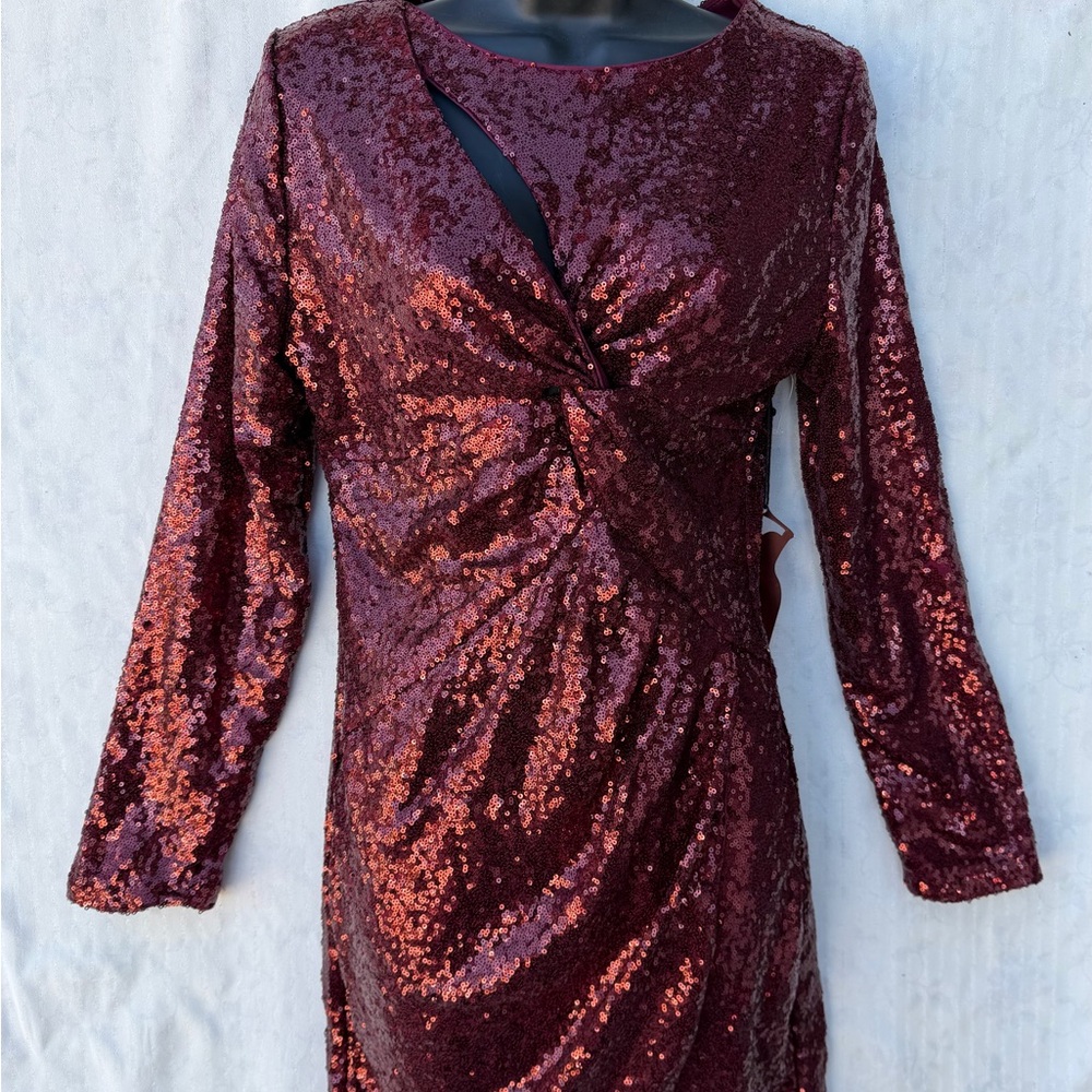 Haute Monde Wine Sequin Long Sleeve Dress maroon